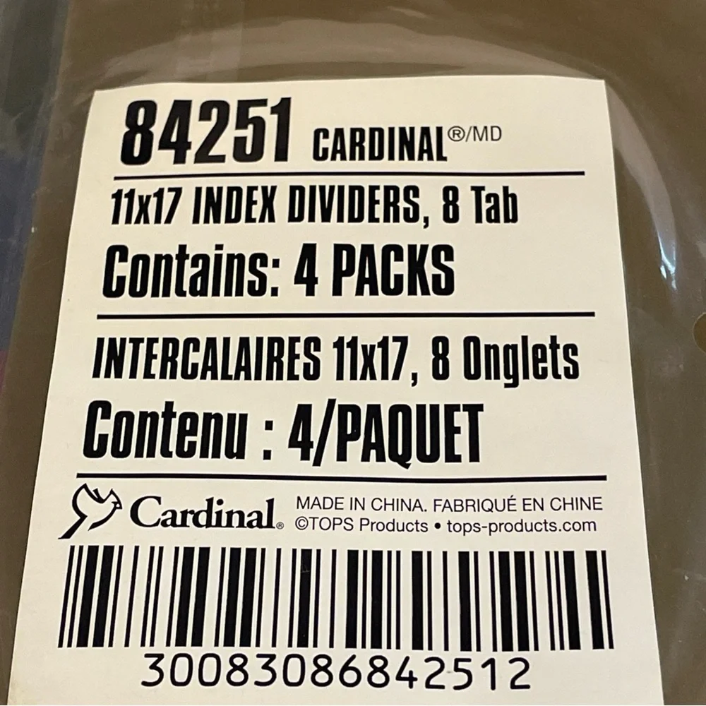 Cardinal 8-Tab TABLOID SIZE 11x17 Poly Index Divider Assorted Color 84251 (4 PK)
